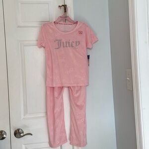 NWT JUICY COUTURE Pink 2pc Velvet Lounge Top&Pants Set with Rhinestone Logo